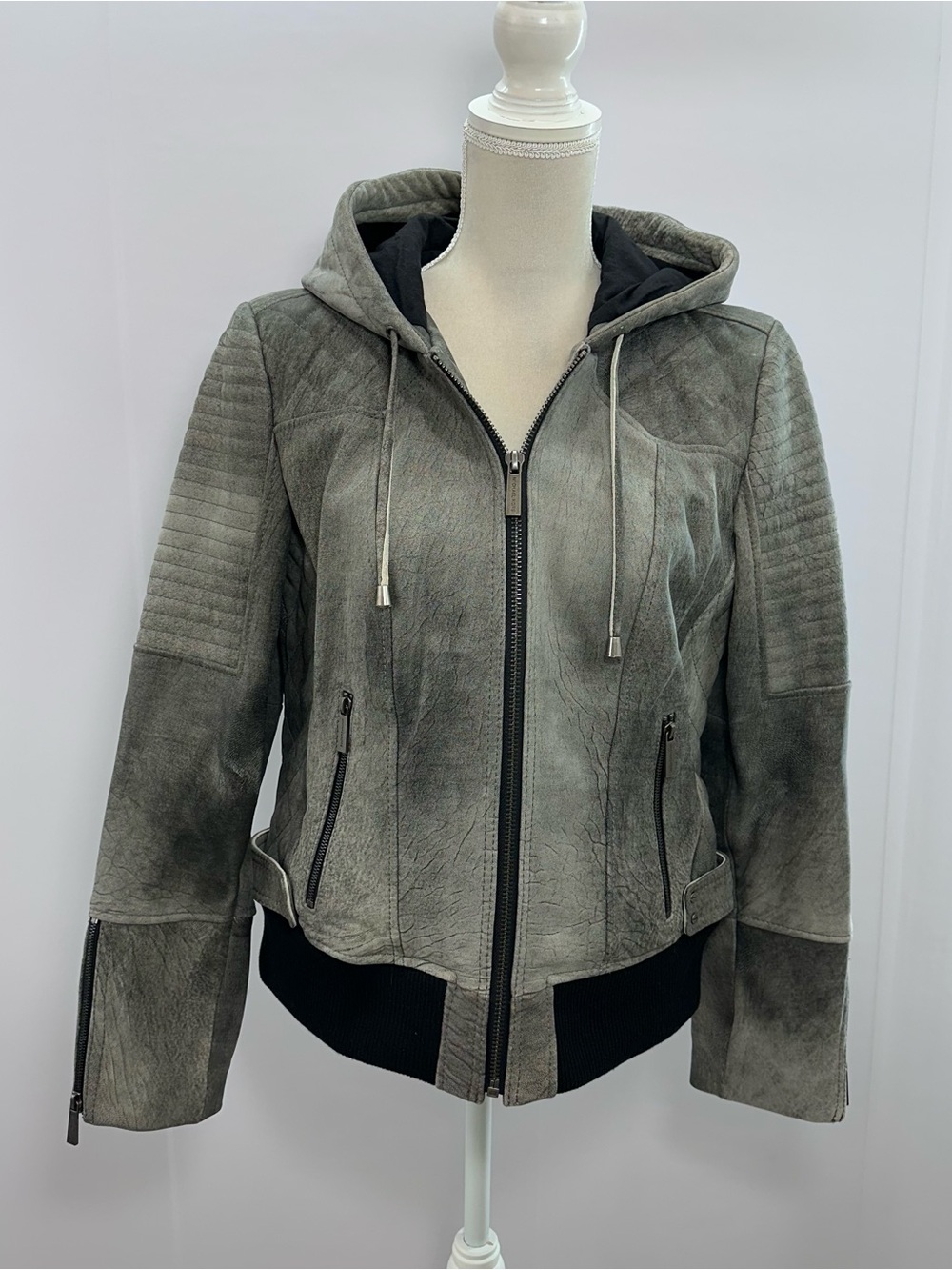 Michael Kors Grey Hooded Leather Moto Jacket